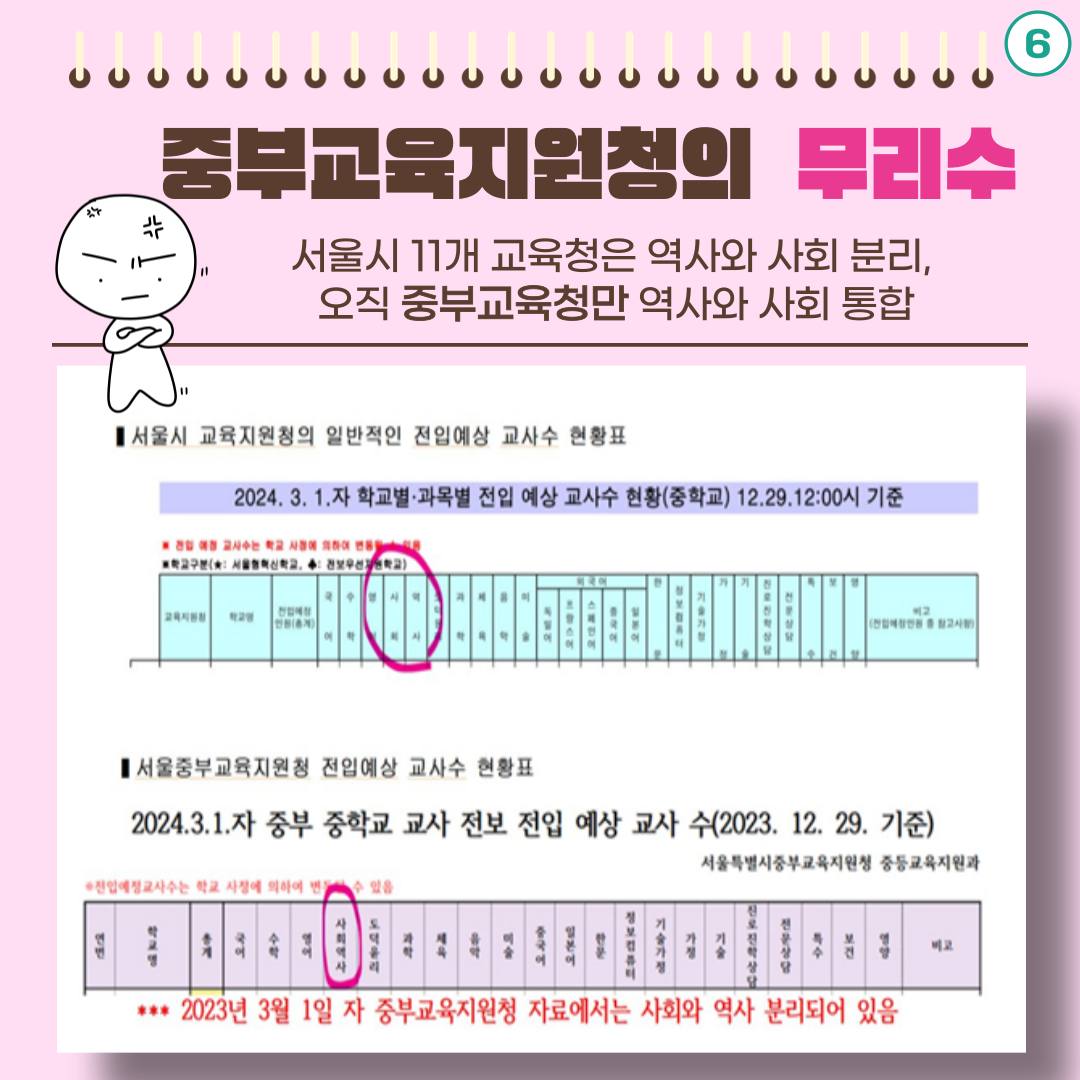 ⑥ 중부교육지원청의 무리수 : 서울시 11개 교육청은 역사와 사회 분리, 오직 중부교육청만 역사와 사회 통합